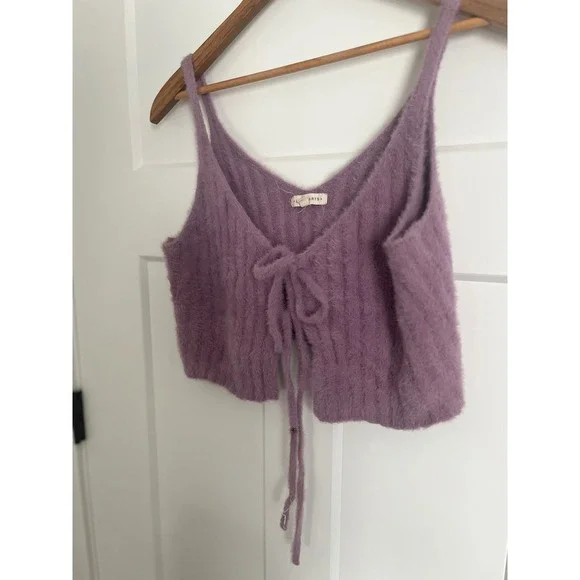 LA Hearts Purple Fuzzy Knit Tie Front Crop Top Ribbed Eyelash Sweater Tank Small - Picture 3 of 5